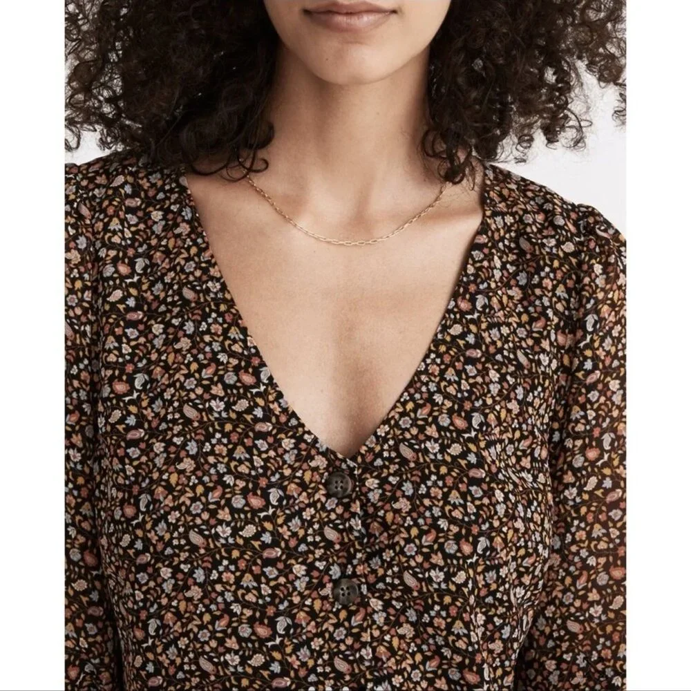 MADEWELL Georgette Smocked-Cuff Button-Front Shirt in Folktale Paisley Size 0